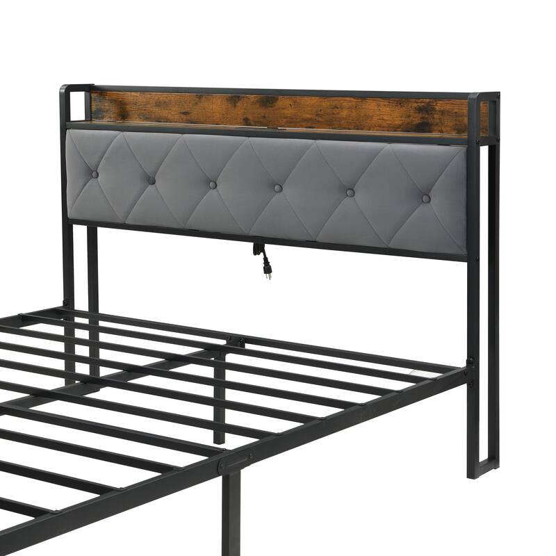Full Bed Frame with LED Lights, Upholstered Headboard, Storage Drawers, USB Charging Station, Grey
