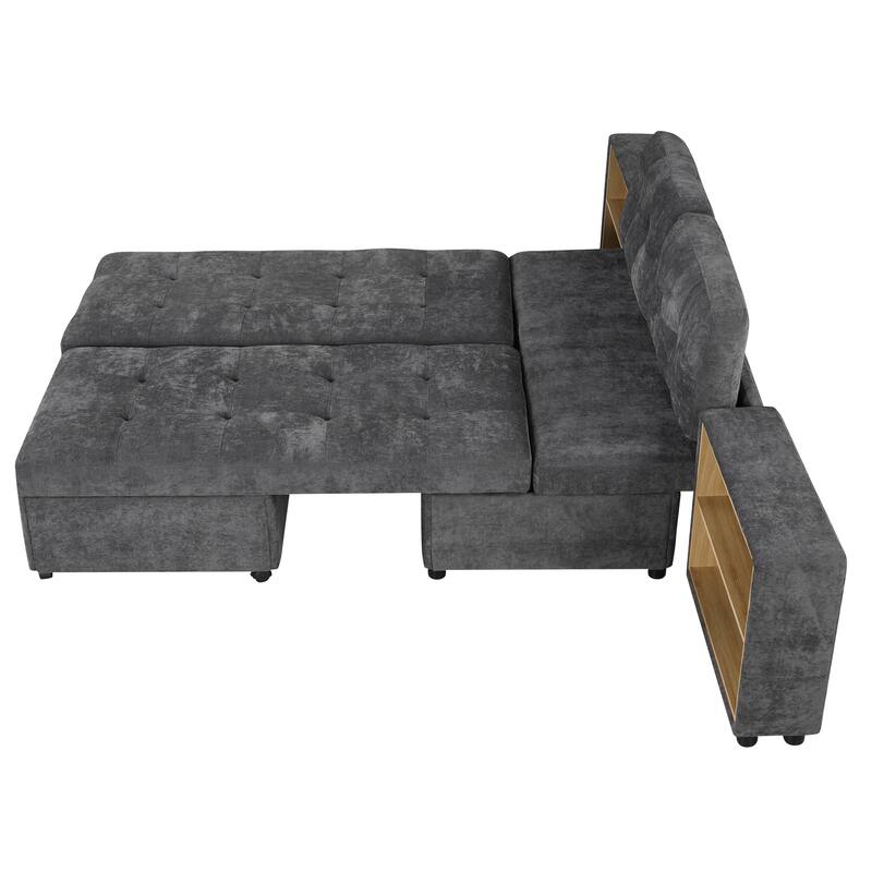 121.2" Modular Sofa Bed w/ 2 Storage Racks, Dark Gray, Chenille Upholstery