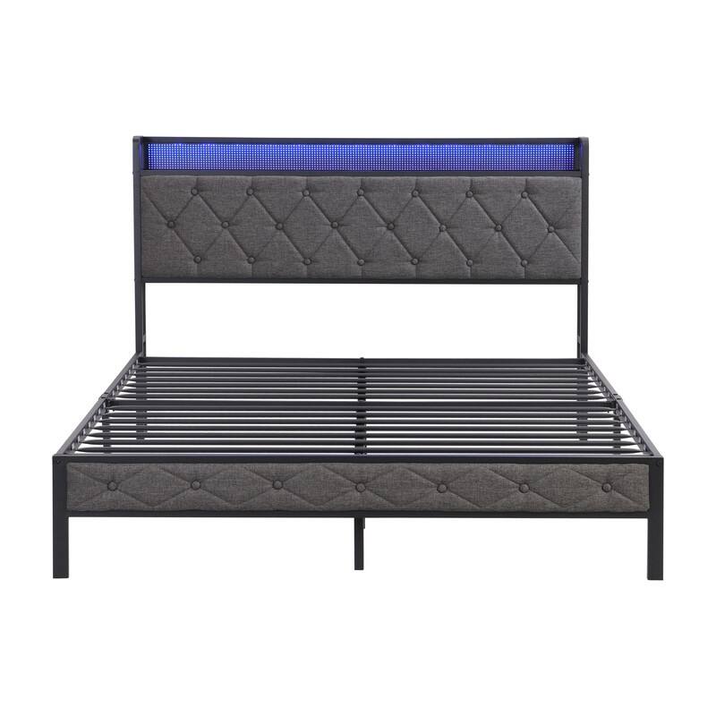 Upholstered Platform Bed with Storage Headboard, Metal Bed Frame with Charging Station and LED Lights,3 Sizes