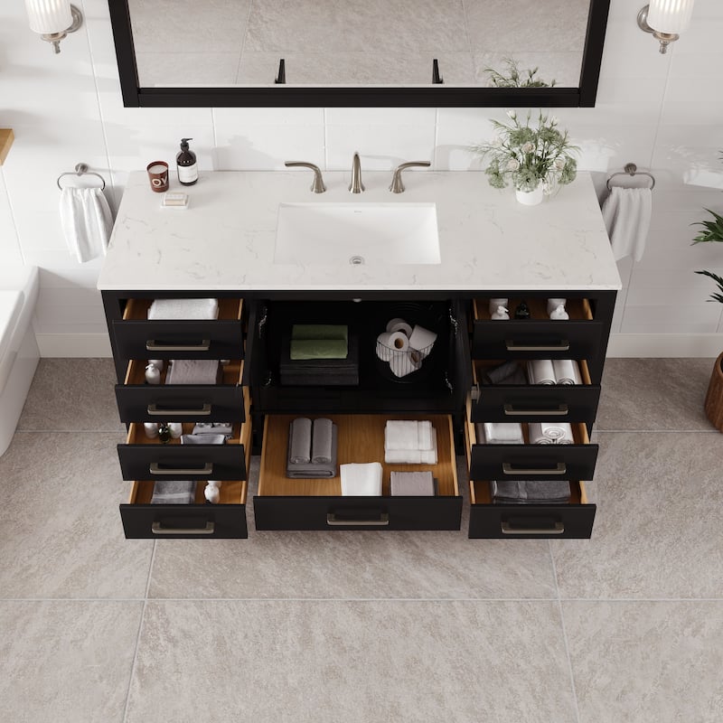 Eviva Aberdeen 60"W x 22"D Bathroom Vanity with White Carrara Quartz Countertop and Undermount Porcelain Sink
