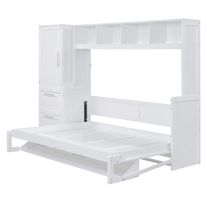 Full Size Wood Murphy Bed with Shelves,Wall Bed with Closet and Drawers