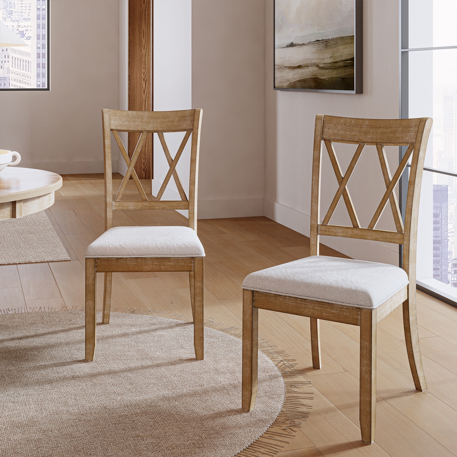HULALA HOME Alma Farmhouse Natural Solid Wood Dining Chair with High-density Soft Cushion Set of 2