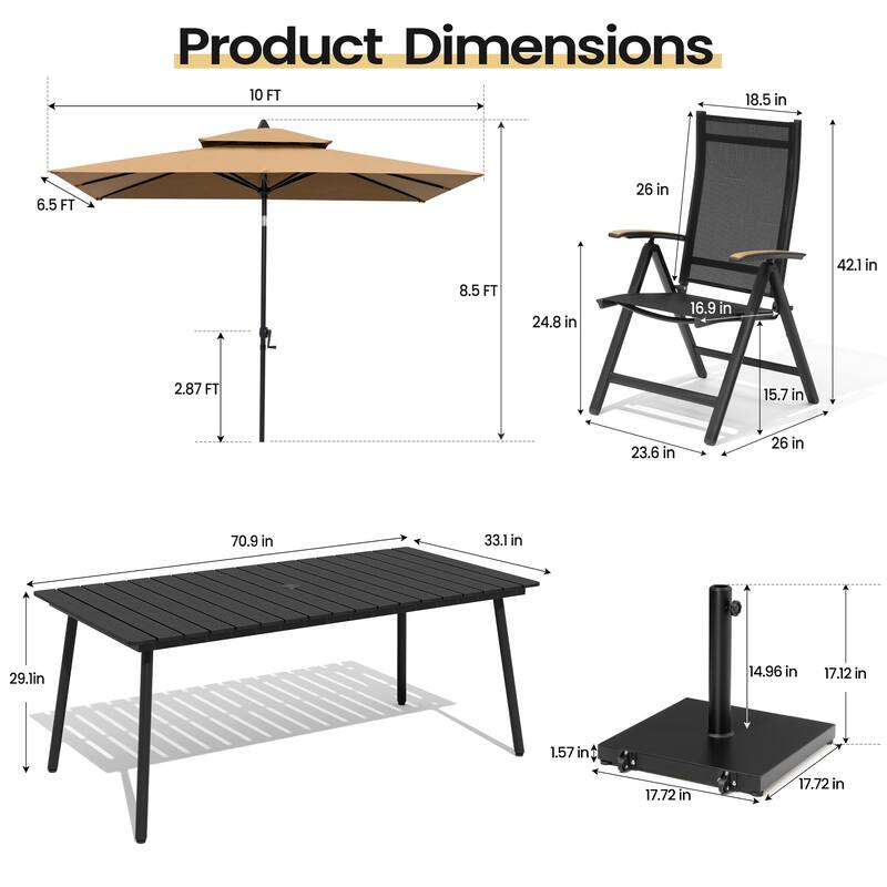 9PC Outdoor Patio Dining Set WoodLike Aluminum Umbrella Hole Table with Folding Chairs,Double Top Market Umbrella and Wheel Base