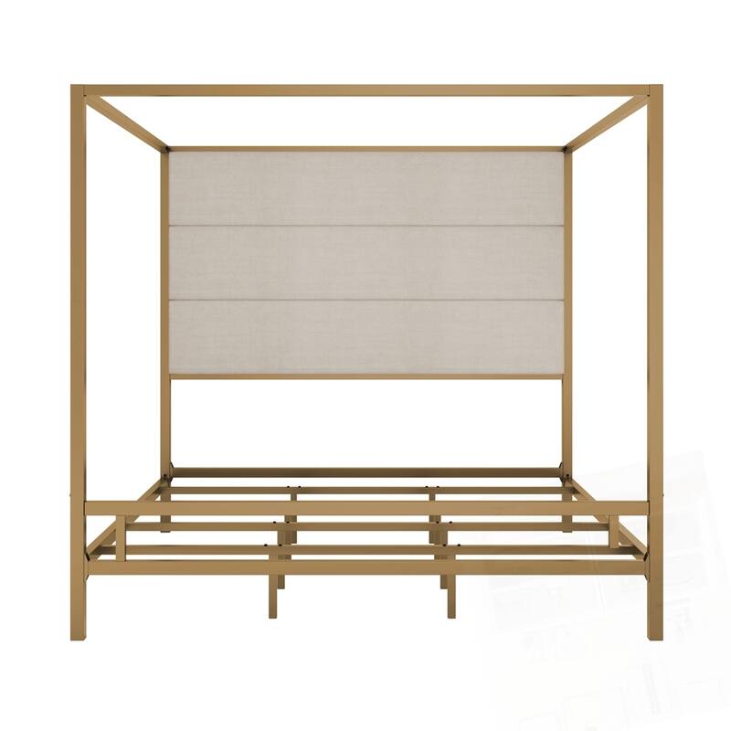 Metal 4-Poster Bed Frame Modern Canopy Upholstered Bed with Tall Upholstered Headboard