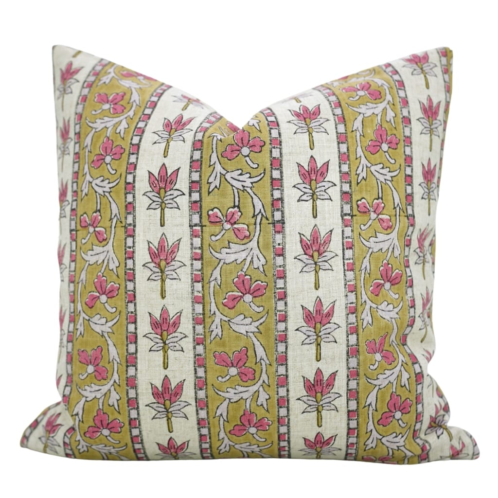 Fabdivine Viscose Linen Floral Block Print 12x20 Inches Pillow Cover for Eco Style Fall Home Decor Pink Cushioncase, Laxmi
