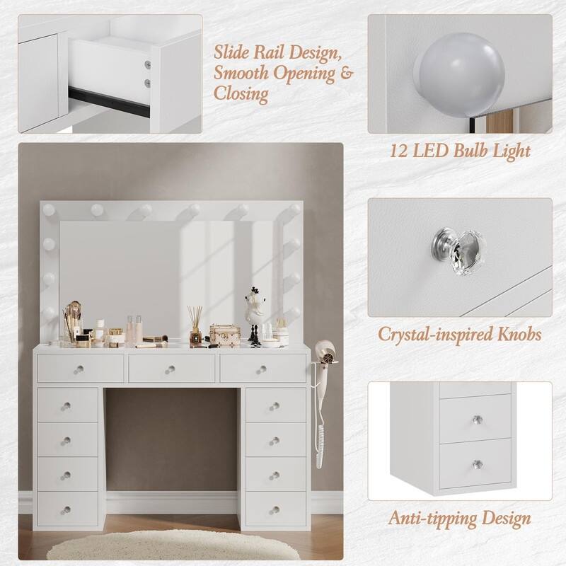 White Vanity with LED Mirror, 11 Drawers, Glass Top & Charging Station