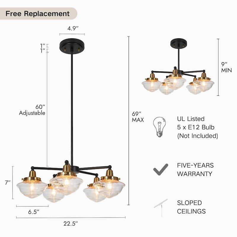 Mid-Century Modern 3/5-Light Black Gold Wheel Chandelier Seeded Glass Pendant Light for Dining Room
