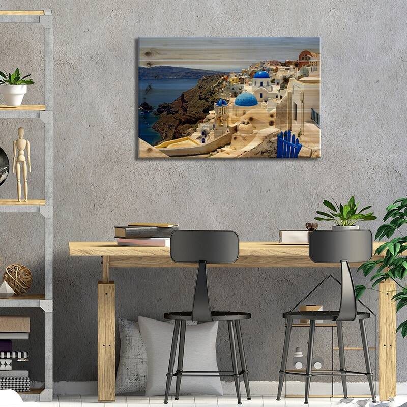 High angle view of a church, Oia, Santorini, Cyclades Islands, Greece Print On Wood by Panoramic Images - Multi-Color