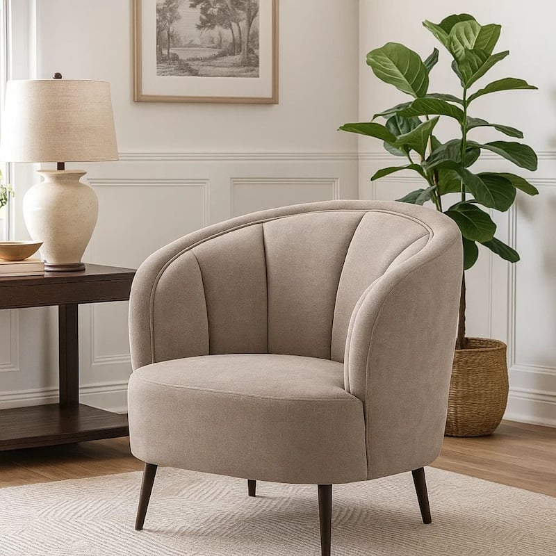 Zui Curved Accent Armchair, 33 Inch, Beige, Modern Sleek Tapered Metal Legs