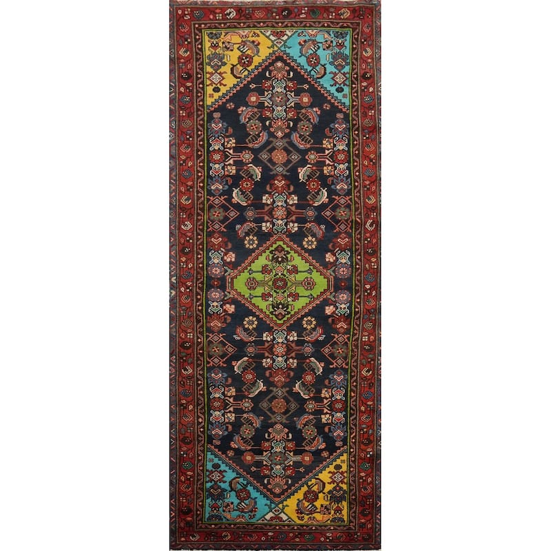 Hand Knotted Oriental 100% Wool Carpet Traditional Geometric Navy Blue & Blues Hamedan Runner Rug - 9' 7'' X 3' 6''