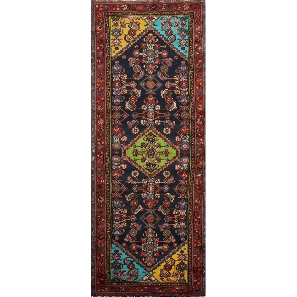 Hand Knotted Oriental 100% Wool Carpet Traditional Geometric Navy Blue & Blues Hamedan Runner Rug - 9' 7'' X 3' 6''