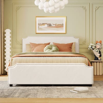 Queen Platform Bed Frame w/ 4 Storage Drawers Velvet Upholstered Headboard w/ Rivets Trim & Footboard, Storage Bed for Bedroom