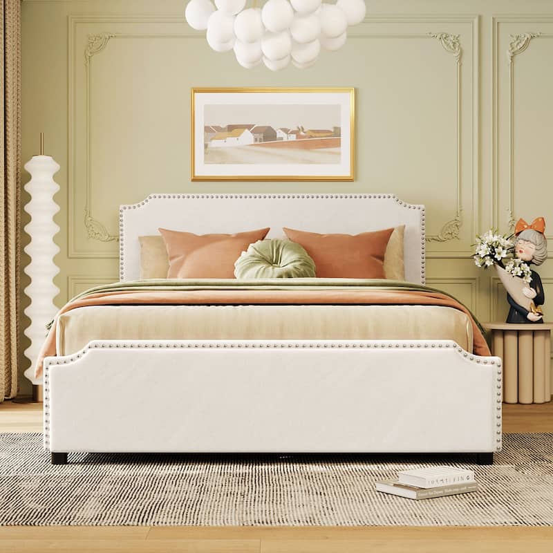 Upholstered Platform Bed with Stud Trim Headboard and Footboard - Beige
