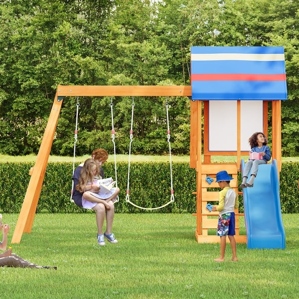 slide 2 of 11, Our 3 in 1 Wooden Kids Outdoor Swing Set, Featuring a Slide, Two Swings and a Climber, Fits Gardens, Backyards and Playgrounds. Blue
