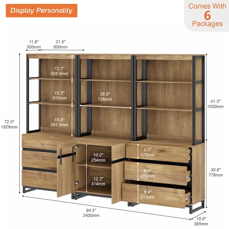 WAMPAT 3-Piece Modern 72" Tall Bookcase with 6 Drawers and Adjustable Shelves