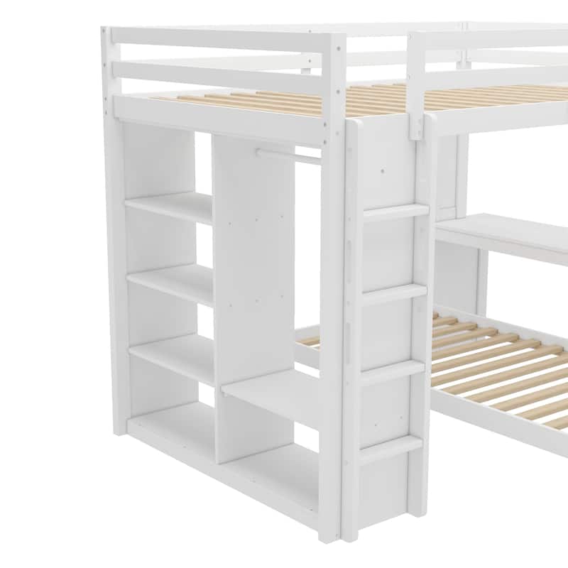 Queen Size Loft Bed & Twin Size Platform Bed Set, Wood Bunk Bed with Built-in Desk, Open Shelves and Wardrobe, Queen Over Twin