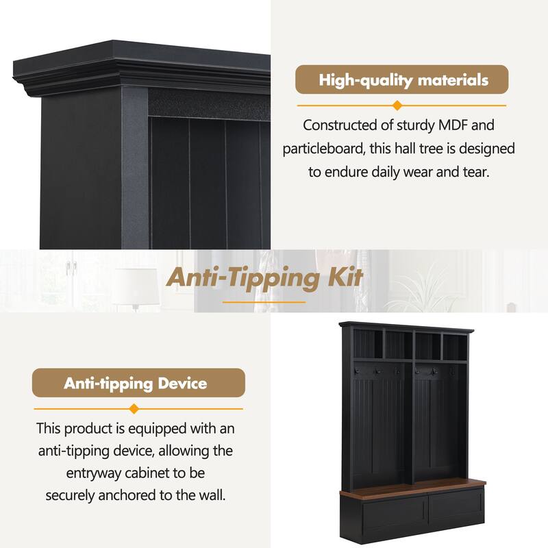 Farmhouse 4-in-1 Hall Tree with Bench, Versatile Coat Rack with 2 Large Drawers and 6 Black Hooks for Hallway, Living Room