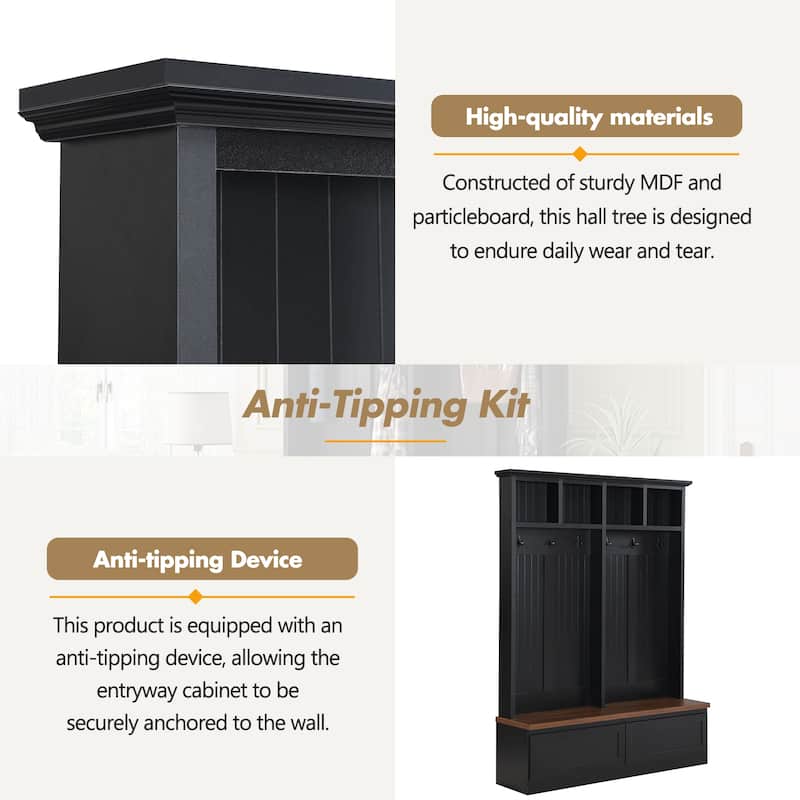 Farmhouse 4-in-1 Hall Tree with Wood Grain Bench and Storage Drawers - 55.9" W × 15" D × 75.6" H