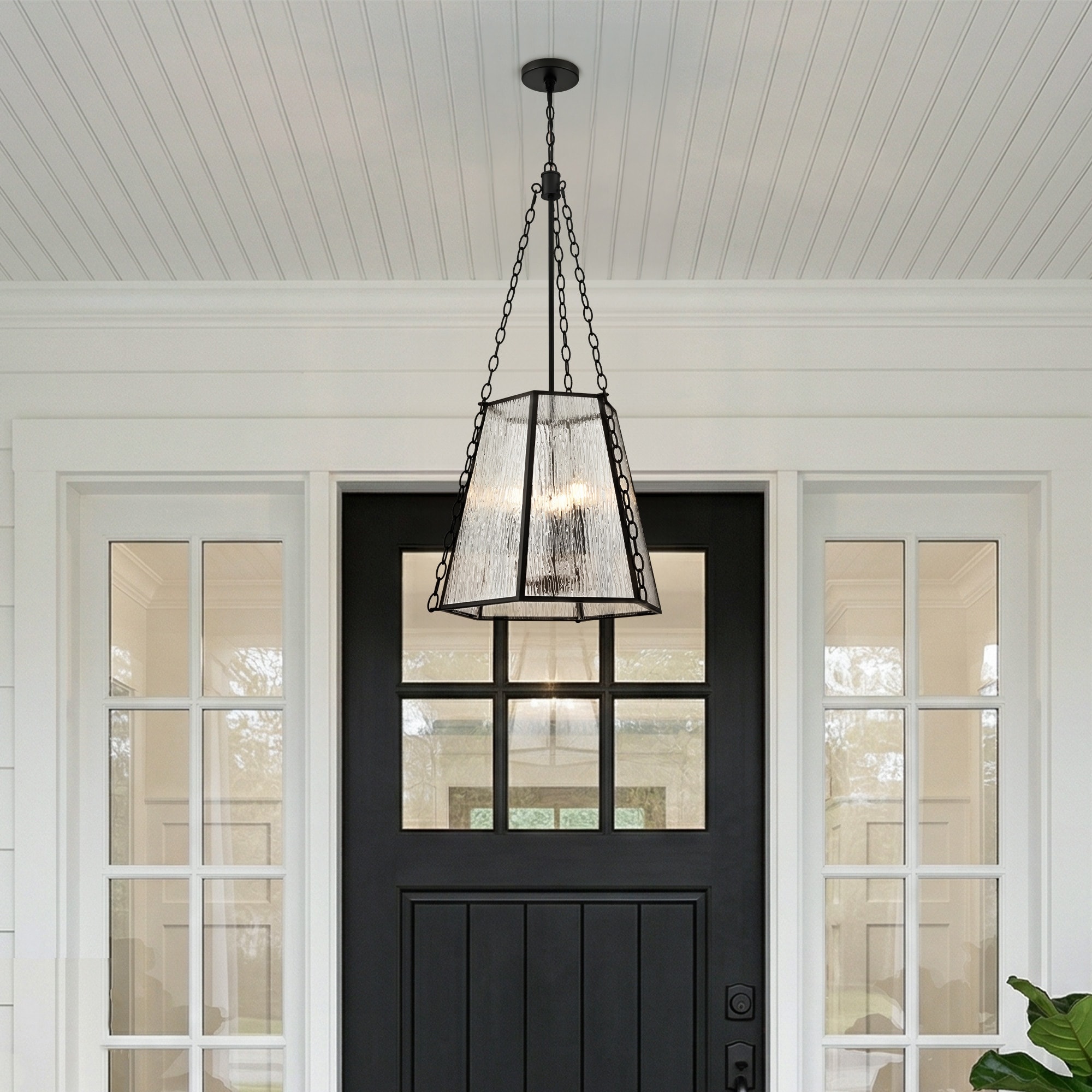 3-Light Matte Black Metal Pendant Light With Rippled Glass Shade - Large