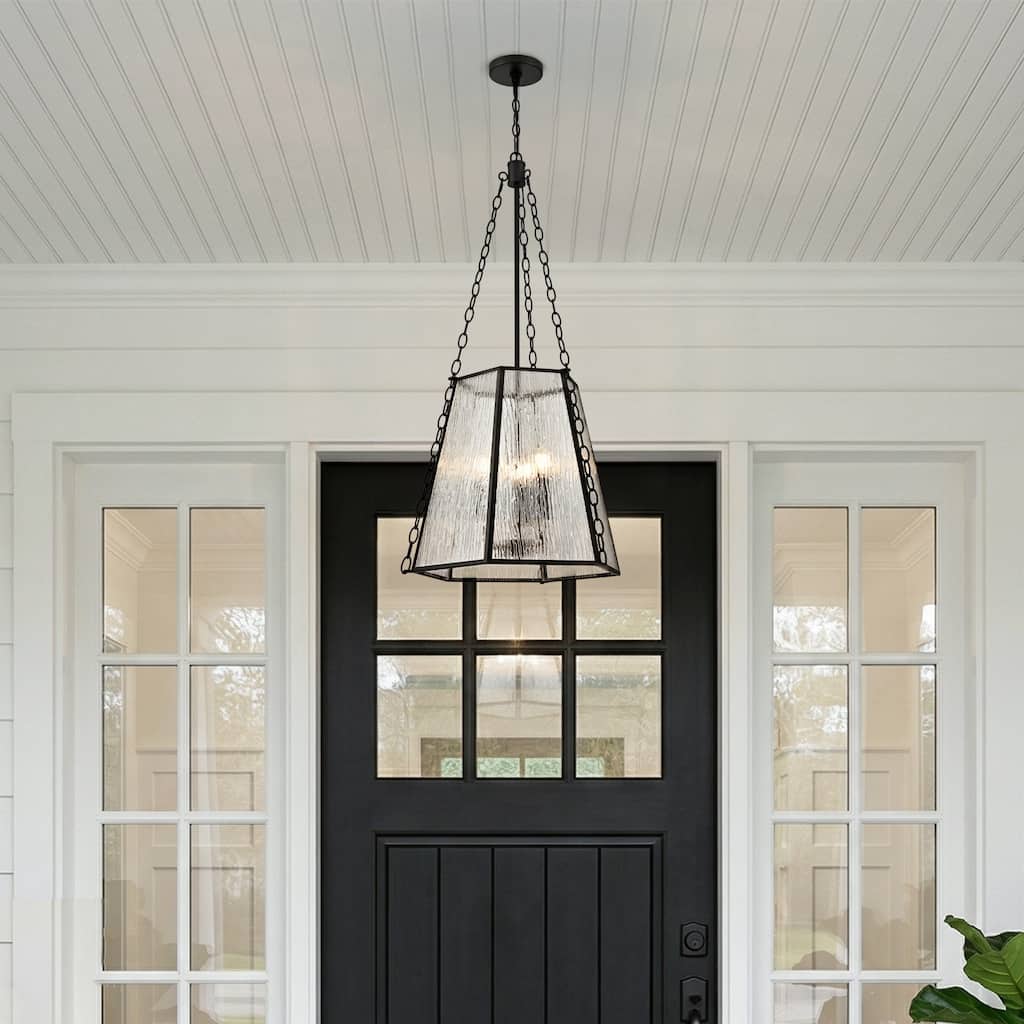3-Light Matte Black Metal Pendant Light With Rippled Glass Shade - Large