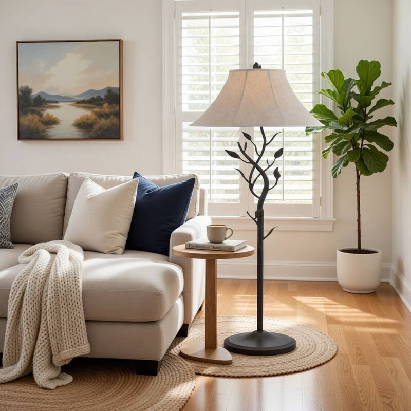 Metal Floor Lamp with Leaf Accent Body and Fabric Bell Shade,Black and Gray