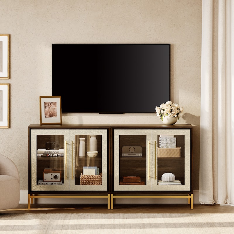 WAMPAT Modern TV Stand with Leather-Textured Doors - 2 Glass doors