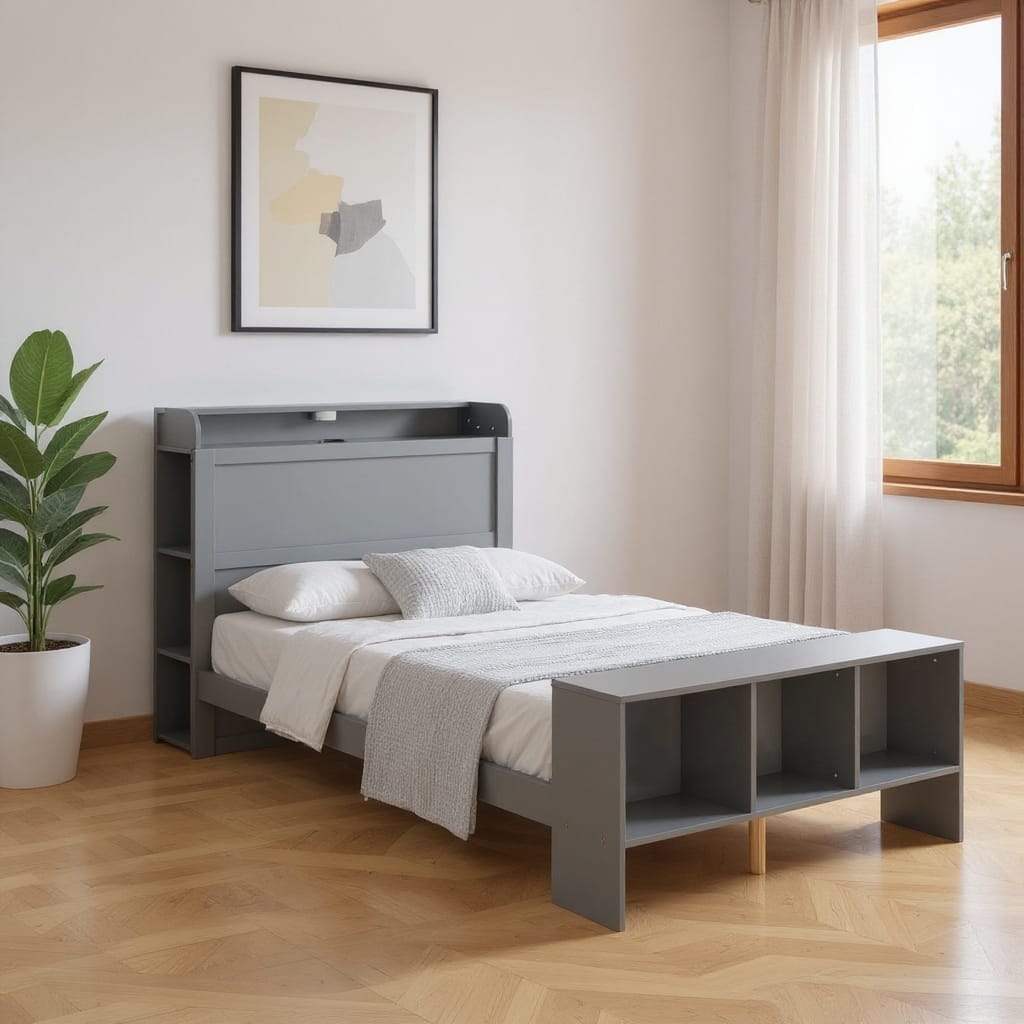 HomeRoots Gray Wood Twin Bed Frame With USB