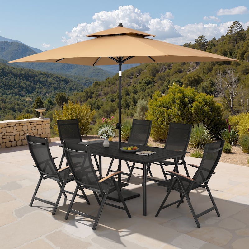 9PC Outdoor Patio Dining Set Aluminum Table with Folding Armchairs w/ Market Umbrella Sets - BlackTable&BlackChairs&TanUmbrella