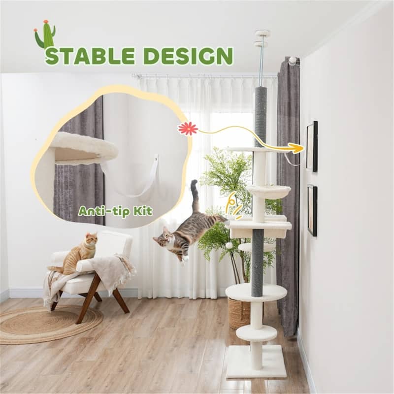 White-Grey Vertical Cat Tree with Adjustable Height and Soft Plush Cover - 23.6" W x 17.3" D x 88.6" -100.4" H