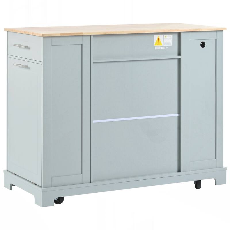 Kitchen Island with Trash Can Storage Cabinet, Power Outlet, Internal Storage Rack, Rolling Kitchen Islands on 5 Wheels