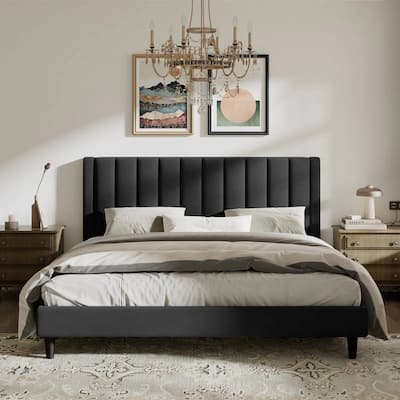 Velvet Upholstered Platform Bed Frame with Sturdy Slats and Headboard