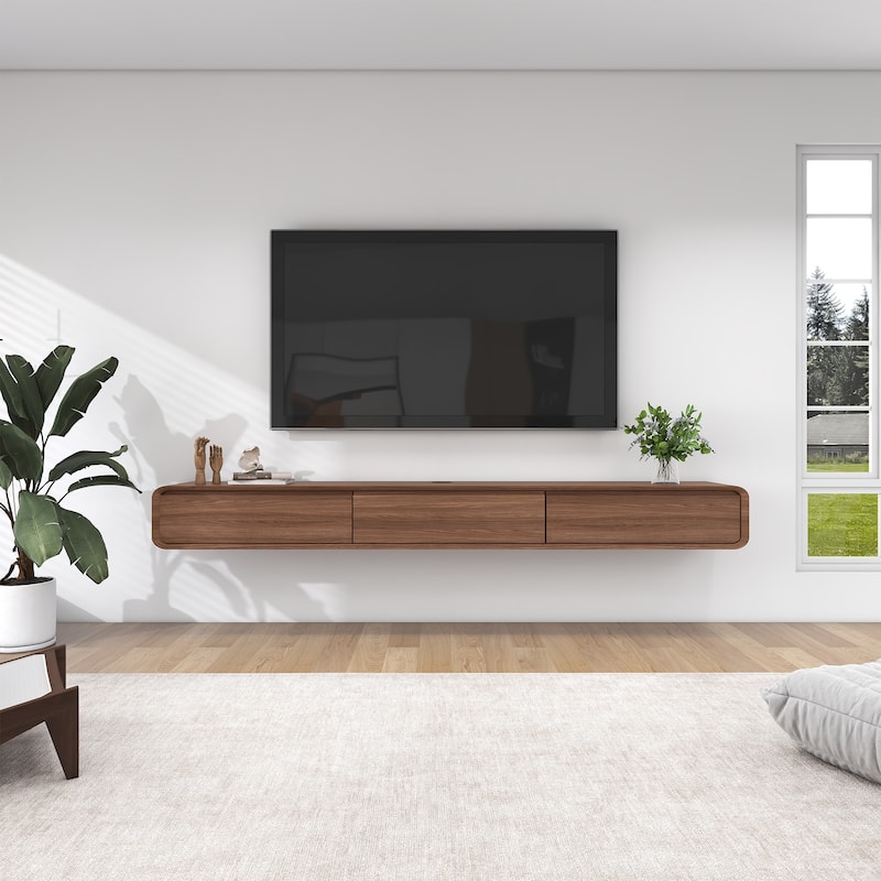 Floating Modern TV Stand for Living Room, Wall-Mounted Entertainment Center with Storage Drawers, Solid Wood, Fully-Assembled