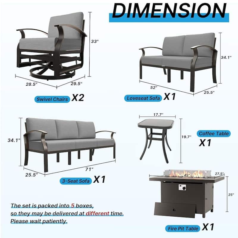 Aluminum Patio Outdoor Sectional Sofa Set with Fire Pit, Swivel Rocking Chairs and Ottomans
