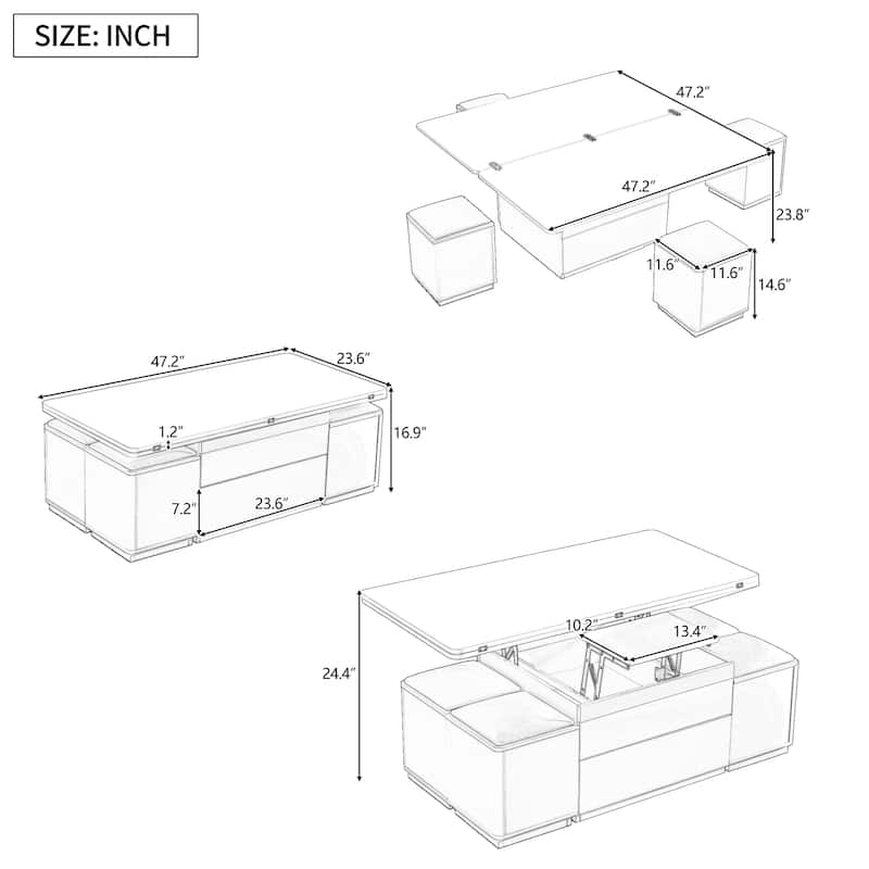 Lift Top Coffee Table with Four Storage Stools Foldable Top and Adjustable Design for Living Room Use