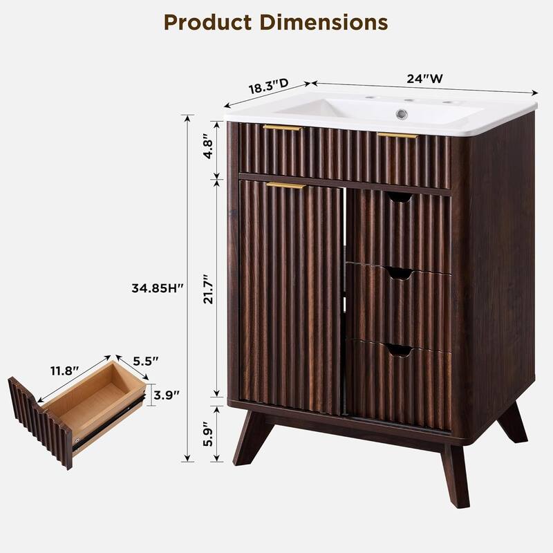 24" Fluted Bathroom Vanity with Ceramic Sink, Modern Bathroom Cabinet
