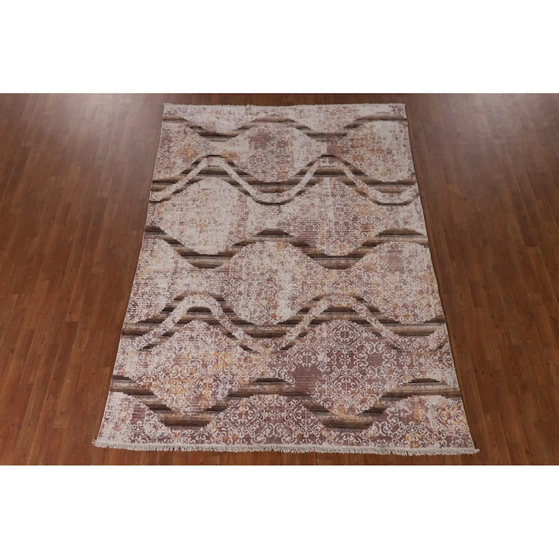 Abstract Indian Area Rug Handmade Wool Carpet - 6'3"x 8'8"