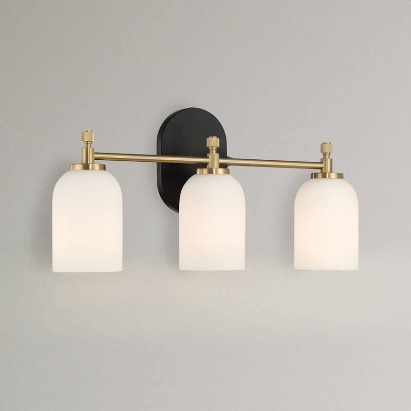 Flac Three-Light Vanity Wall Fixture in Brushed Gold with Frosted Glass Shades