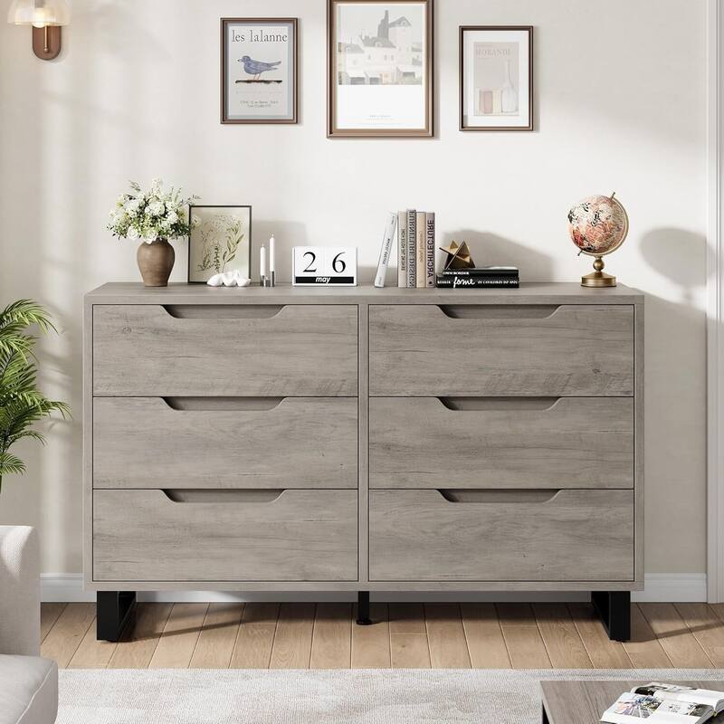 Farmhouse Freestanding Double 6 Drawer Dresser for Bedroom, Living Room, Hallway