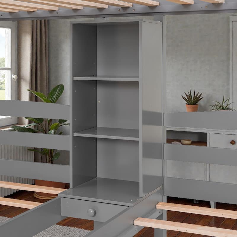 Triple Bunk Bed Twin over Twin&Twin with Drawers, Storage Staircase and Built-in Shelves, Solid Wood Frame