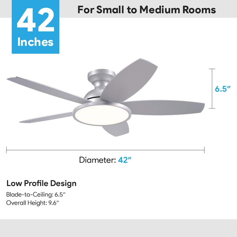42" 5 - Blade Low Profile Flush Mount LED Ceiling Fan with Light Kit and Remote