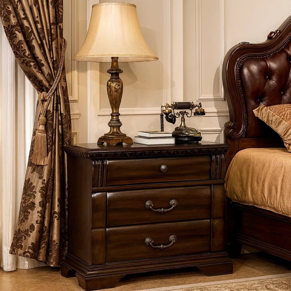 3 Drawer Wooden Nightstand with Metal Handles and Carved Details, Brown