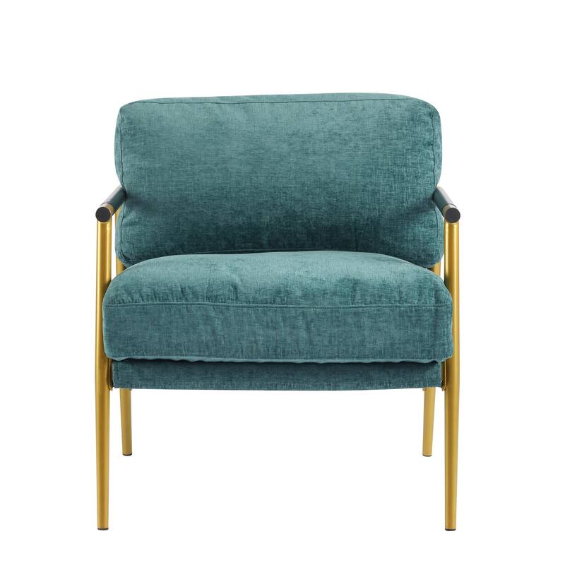Minimalist Armchair - Soft Cushions, Wood/Metal Design, Compact - Teal Blue + Gold