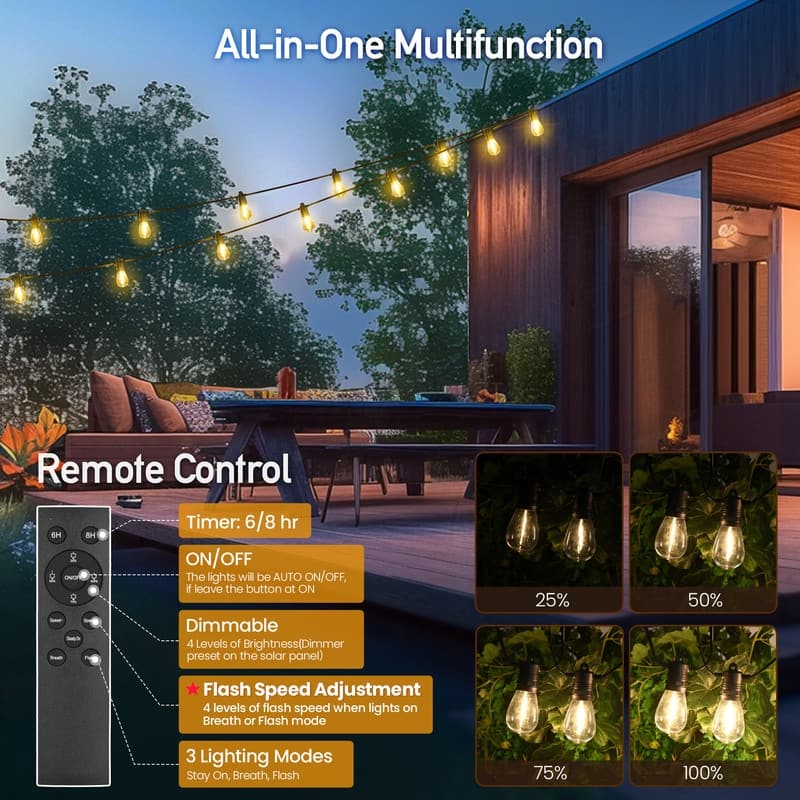 54FT Solar String Lights Outdoor Waterproof 16 LED Bulbs