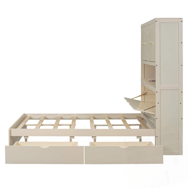Full Size Wooden Platform Bed with USB and Drawers