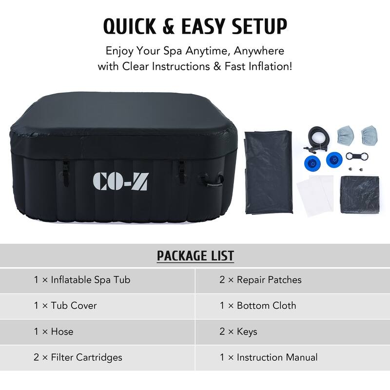 CO-Z Square Inflatable Hot Tub, 4 Person Blow Up Portable Hot Tub