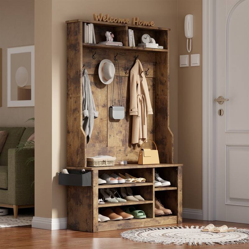39.37'' W Hall Tree, 3 in 1 Entryway Bench with Coat Rack and Shoe Storage