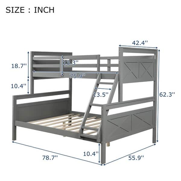 Gray Twin over Full Bunk Bed with X-Shaped Pattern Headboard Footboard&Ladder&Guardrail, 78.7''L*55.9''W*62.3''H, 134LBS