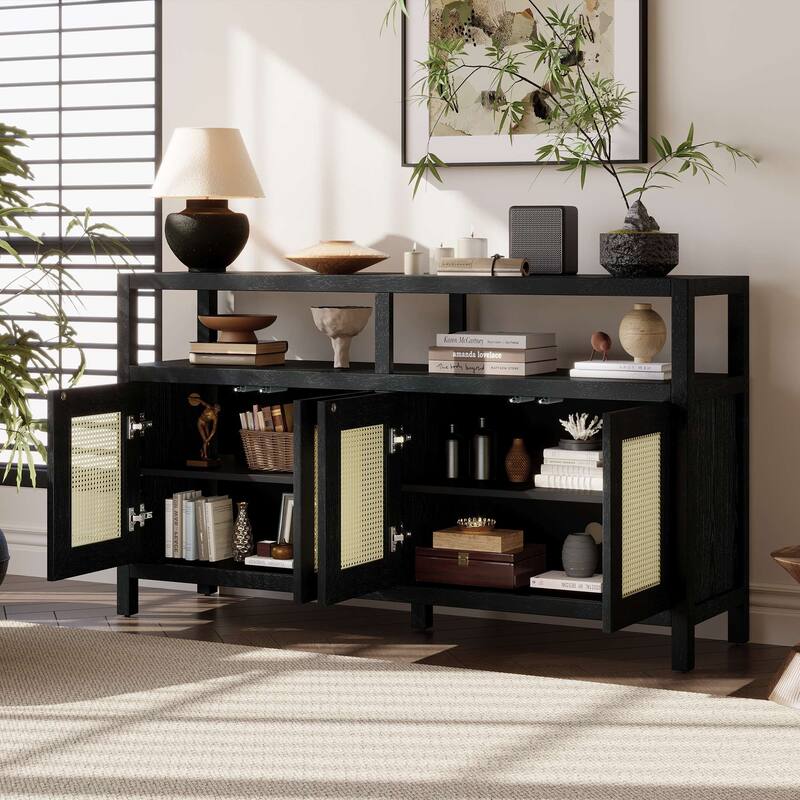 Bohemian Rattan Self Storage Cabinet with Solid Wood Frame