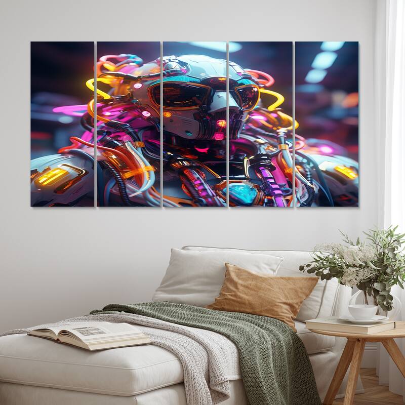 Designart "Sci-Fi Retro Futuristic Robot In Neon III" Robot Multipanel Wall Art Living Room set - 60 In. Wide X 28 In. High - 5 Panels Equal Panels