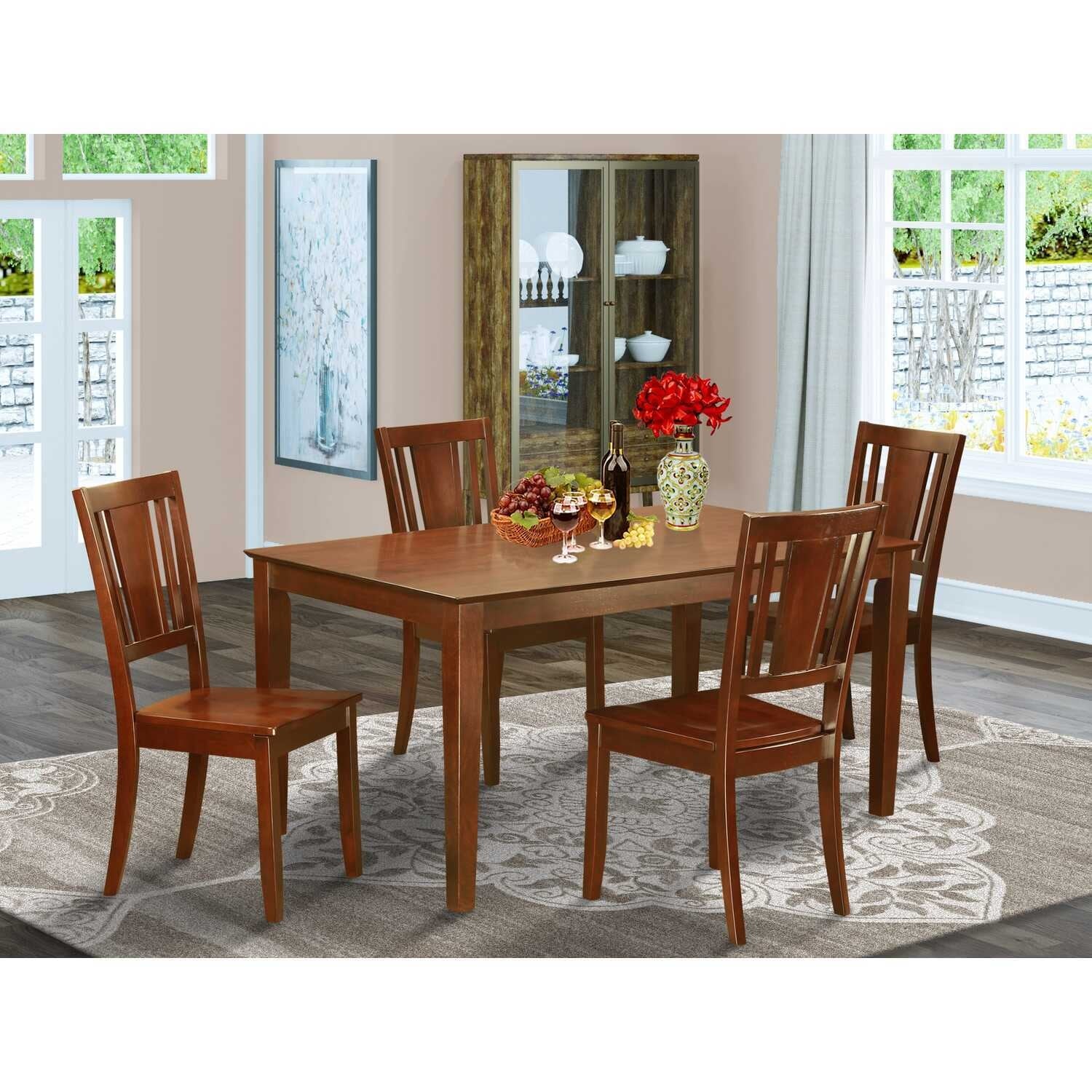 HomeStock 5-Piece Rectangle Mahogany Finish Solid Wood Top Dining Table with 4-Chairs